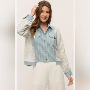 Mystree Mixed Denim Tweed Blue White Striped Button Jacket L